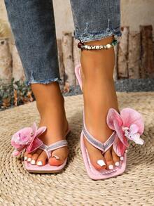 Dép xỏ ngón đế bằng cỡ lớn EU 2025 mới, thiết kế hoa giả đính đá, dành cho nữ. - Hồng - Xem 3