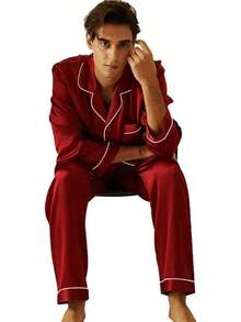 Lonxu Pajamas Set Mens Silk Satin Pajamas Long Sleeve Loungewear Two-Piece Sleepwear Button-Down Pj Set S-XXXXL