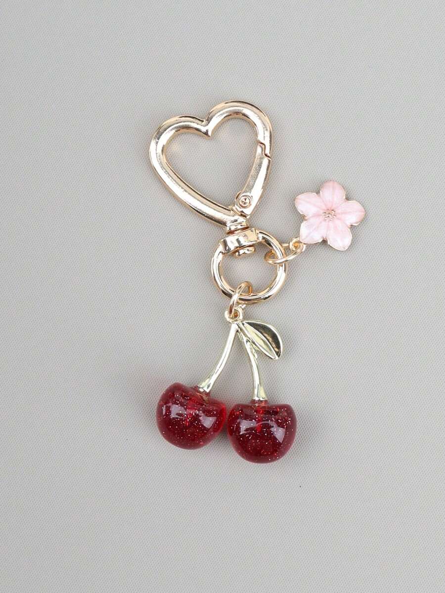 1 件男女通用新款闪亮仿樱桃钥匙扣时尚精致 3D 樱花装饰配件包饰背包装饰钥匙扣 - 彩色 - 查看 1