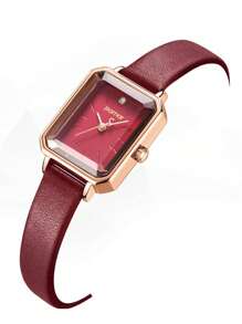 POMAR Fashionable Retro Rectangular Watch With Wine Red Dial And Diamond Markings - Leather Strap, Watch For Women
