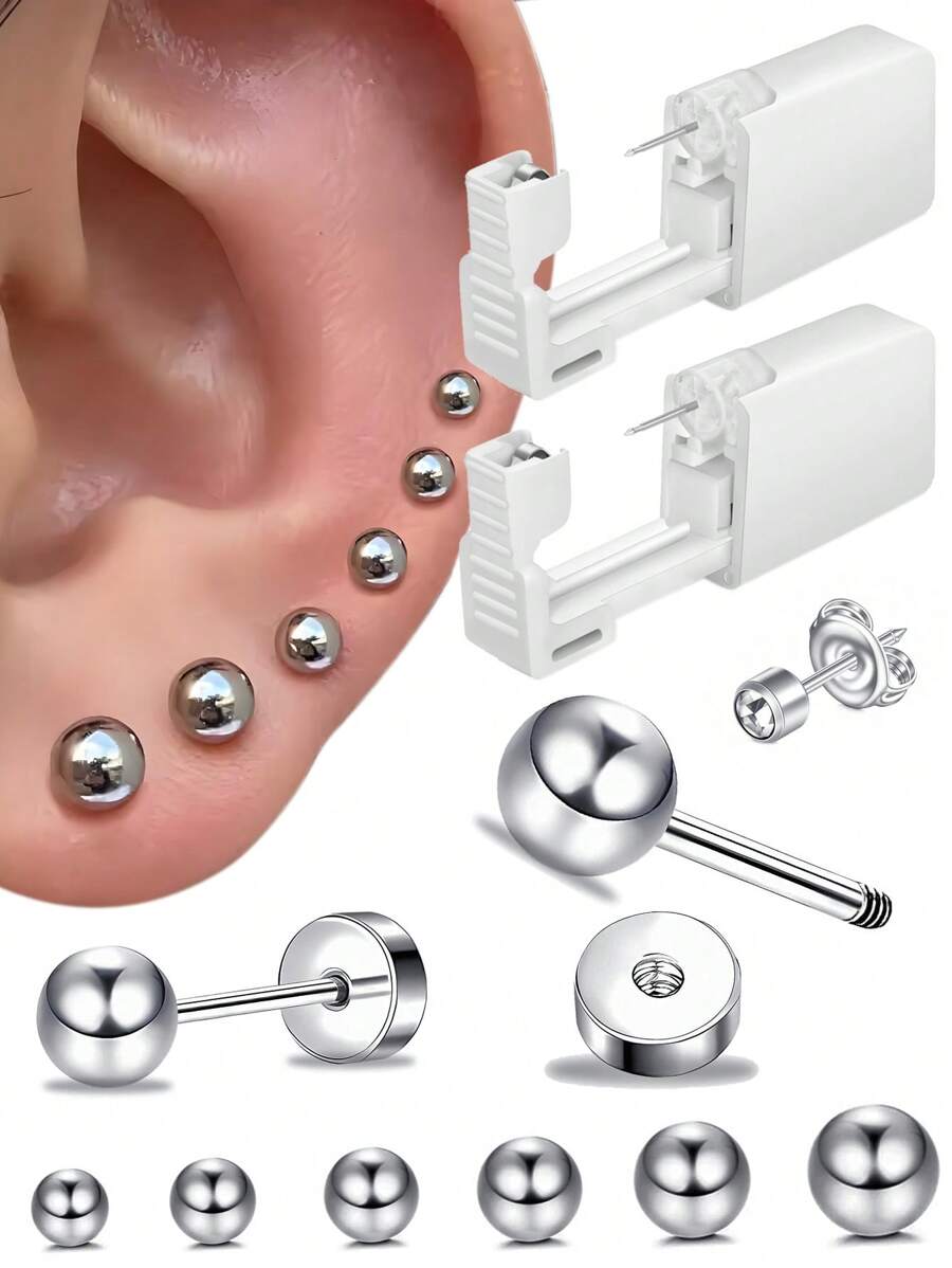 2件-10件穿孔套装-一次性无菌耳洞枪家用穿耳工具+5个银色球2mm-7mm球形平背耳钉 - 彩色 - 查看 1