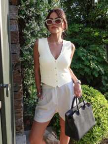 فستان كاجوال للنساء لفصل الصيف، بياقة بولو، أزرار إنجليزية، كارديجان محبوك، كنزة صوفية قصيرة أنيقة كاجوال، فست علوي محبوك مناسب للعمل والمكتب