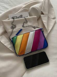 1 件多色信封式 PU 拼接链条斜挎包，适合女士 - 彩色 - 查看 3