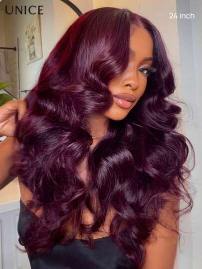 UNice Hair Black Cherry Loose Wave Human Hair With Face Framing Bangs 7x5 Bye-Bye Knots™ & 13x4 Pre-Everything™ Pre Cut Lace Front Glueless Wig With Invisi Drawstring Wig Lace Fit Better Bleached Invisible Knots Put On And Go Glueless Wig Human Hair Pre Plucked Wigs 180% Density