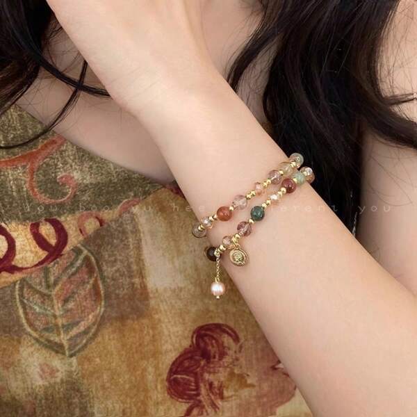1pc Double Layer Faux Crystal Pearl Beaded Bracelet, Suitable For Women Everyday Wear