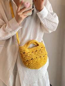 This Fashionable Multi-Functional Solid Color Hollow Crochet Handbag Is An Ideal Choice For Summer Vacation. It Comes With A Detachable Woven Shoulder Strap, Making It Versatile. This Ladies' Crochet Bag Is Suitable For Daily Travel, Vacation, Commuting To Work, And Matching With Various Fashionable Outfits. It Pairs Perfectly With Crochet Sets, Vacation Essentials, And Beach Accessories. - Multicolor - View 3