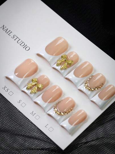 10pcs Y2K Style Gold Bow Short Duck Nails, Handmade Nude Base With White Tips French Press On Nails, Gold Bow & Rhinestone Embellished False Nails, Delicate & Sweet, Essential For Summer & Autumn, Suitable For Daily, Party, Travel, Best Gift For Women & Girls
