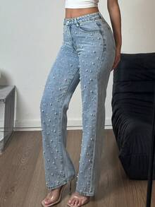 Women's Denim Straight Leg Pants Are Made Of Loose And Comfortable Denim Fabric, With Nail Bead Craftsmanship And Pockets, Suitable For Party Occasions(The Size Is Slightly Small; It Is Recommended To Order One Size Up.) - 淺色水洗藍 - 查看 3