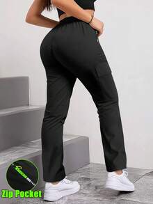 女士春秋季拉链口袋工装裤，时尚大口袋设计，抽绳松紧腰带，休闲户外/日常穿着修身长裤，黑色 - 黑色 - 查看 4
