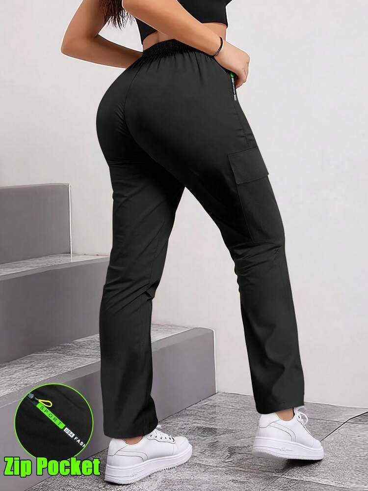 Pantalones cargo con bolsillos con cremallera para mujer, diseño de bolsillos grandes de moda, cintura elástica con cordón, pantalones casuales ajustados para uso diario/al aire libre, color negro - Negro - Añade 3