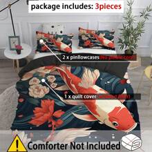 Juego de ropa de cama de 2/3 piezas con estampado de peces koi (1*Funda nórdica + 1/2*Funda de almohada, sin relleno), juego de ropa de cama de estilo oriental, 100% poliéster estampado, funda nórdica suave y cómoda, para habitación, habitación de invitados