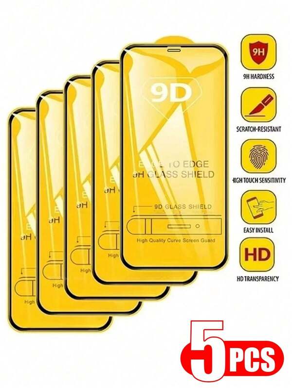5 Piezas de Vidrio Protector 9D Compatible con Pantalla de , Esenciales de Protección de Pantalla, Aplicable a Protector de Pantalla de Teléfono para Uso Diario, Oficina y Hogar, Accesorios de Teléfono a Prueba de Agua, Vidrio Templado a Prueba de Golpes, Resistente a Arañazos y Antihuellas con Cobertura Completa