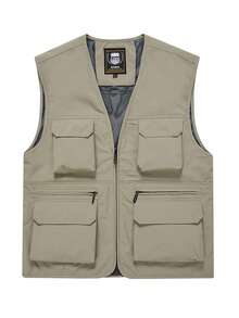 1 pieza Chaleco casual para hombre de talla grande para actividades al aire libre, pesca, primavera, otoño, verano, con múltiples bolsillos y sin mangas - Caqui - Ver 2