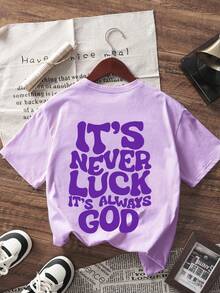 1pc Girls' English Print Short Sleeve T-Shirt, Student/Young Fashion Comfortable Summer Top For Tween Girls - Purple - View 3