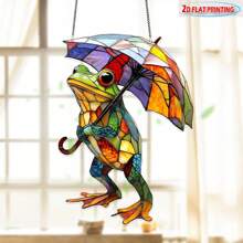 Whimsical Frog & Colorful Umbrella Sun Catcher - Stained Glass Window Hanging Decor | Vibrant Garden & Home Ornament For Indoor/Outdoor | Unique Unisex Gift For Birthday, Housewarming, Holidays (Frog Garden Art)