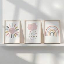 3pcs Art Deco Canvas Wall Art Set - Modern Minimalist Sun, Cloud, Rainbow & Heart Prints - Spring Season Indoor Posters For Living Room, Bedroom, Classroom - Frameless Portrait Orientation Artwork