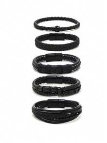 5 件/套新款男士时尚皮革手链，多层编织磁扣腕带组合适合日常佩戴，礼物