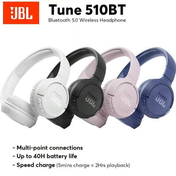 JBL سماعات رأس لاسلكية بتقنية بلوتوث JBL TUNE 510BT، سماعات موسيقى و رياضة لهواتف محمولة وأجهزة كمبيوتر، مناسبة للرجال والنساء والأطفال