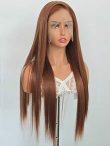 优雅的 13x4 24 英寸棕色直发蕾丝前假发,适合女性 - 耐热合成头发,预拔自然发际线和婴儿头发,非常适合日常佩戴、婚礼、万圣节和圣诞节 - 鏽棕色 - 查看 3
