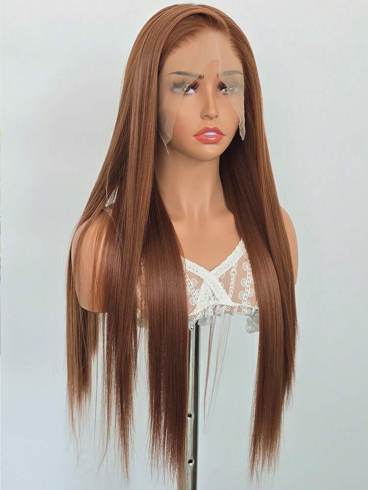 Elegante peluca recta de 24" con cabello sintético resistente al calor, frente de encaje de 13x4, color marrón, adecuado para mujeres. Con línea de nacimiento natural preplucada y bello del bebé, ideal para uso diario, bodas, Halloween y Navidad - Óxido marrón - Añade 2