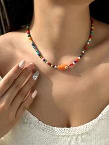 1 件可爱橙色陶瓷鱼海星吊坠串珠项链适合女性海边度假波西米亚原宿魅力珠宝配饰，小众个性化高美甜美锁骨链，新款时尚手工串珠项链创意简约