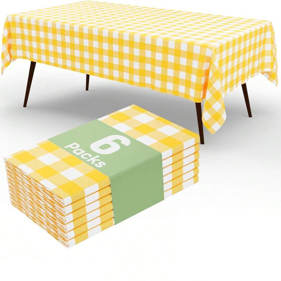 1/3/6pcs Yellow & Golden Color Tablecloth Decorations, Yellow & White Checked Disposable Plastic Tablecloths, 54 X 108 Inch Table Covers, Suitable For Birthdays, Weddings, Outdoor Dinners, Festivals All Season - Multiple Specifications - View 1