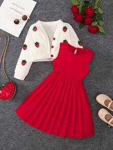 BASUSARRI 2pcs/Set Girls' Strawberry Decor Cardigan Dress With Button, Sleeveless Elegant Pleated Dress Suitable For Spring Autumn, Fashionable Casual Outfit For Birthday Party, Daily Wear