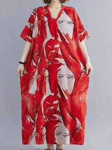 Plus Size Random Print Pocket V-Neck Dress, Minimalist And Fashionable, Suitable For Summer - Red - View 3