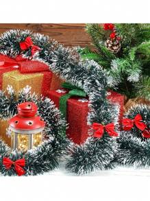 7pcs/1pc Christmas Tinsel Garland, Dark Green Frost Tip Metallic Garland With 6/12pcs Red Bows, Artificial Xmas Garland For Home Indoor Outdoor Christmas Tree Decoration, Holiday Wedding Party Supplies