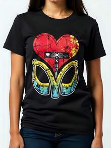Camiseta Mujer 180g Negro 100% Algodón Cuello Redondo Manga Corta con Estampado Gráfico Artístico Estrella y Círculo Colorido Casual Verano, Tallas Grandes Disponibles, Ideal para Estilo Urbano, Look Diario Moderno y Versátil - Negro - Ver 1