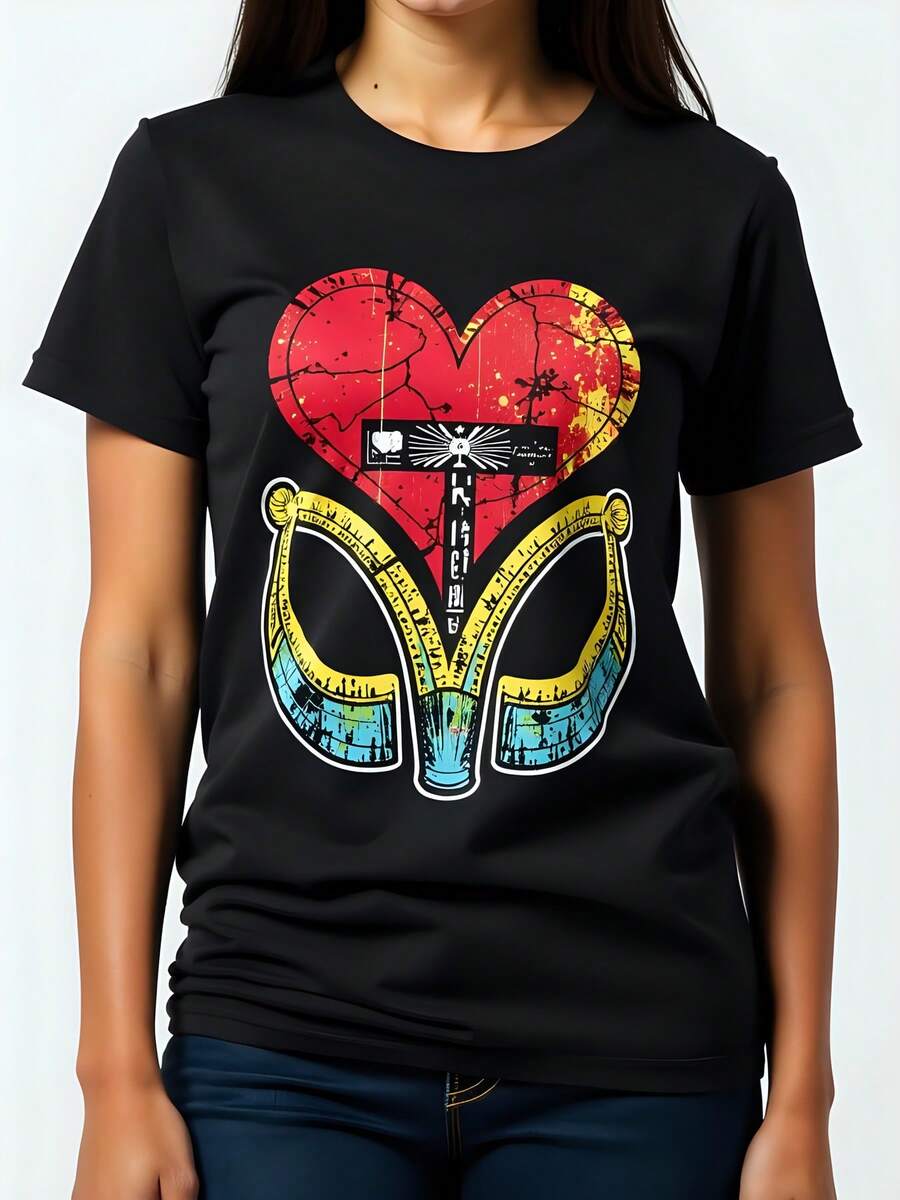 Camiseta Mujer 180g Negro 100% Algodón Cuello Redondo Manga Corta con Estampado Gráfico Artístico Estrella y Círculo Colorido Casual Verano, Tallas Grandes Disponibles, Ideal para Estilo Urbano, Look Diario Moderno y Versátil - Negro - Ver 1