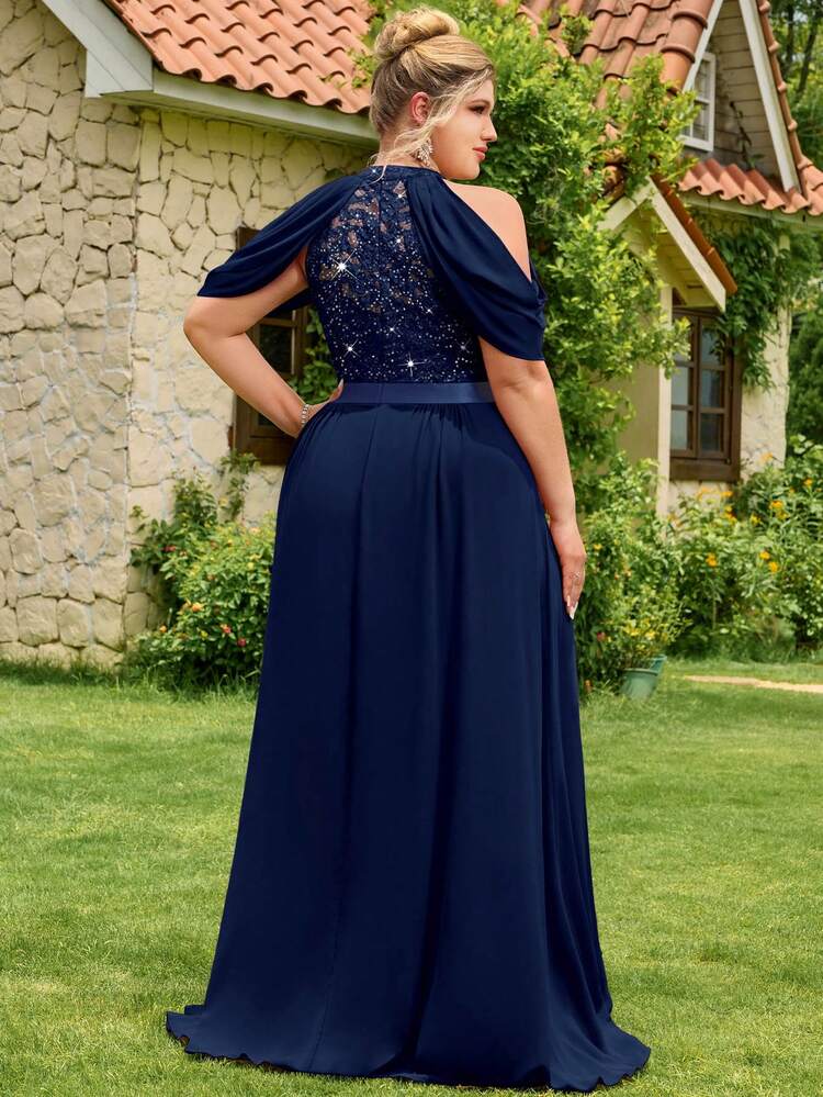 Vestido de Festa Formal com Ombros Vazados, Renda Floral com Lantejoulas, Babado Contrastante de Chiffon na Barra, Adequado para Baile de Formatura, Convidado de Casamento, Cerimônia de Formatura, Banquete e Outras Ocasiões - Azul Marinho - Visão 2