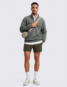 Cotton Fleece Lined Half Zip Mock Neck Men's Sweatshirts - Casual Workout Daily Wear - 灰鼠尾草 - 查看 3