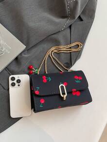Retro Fashion Cherry Pattern Mini Square Flap Bag, Metal Double Chain Shoulder Bag, Adjustable Crossbody, Suitable For Women's Daily And Student Casual Use - Black - View 8