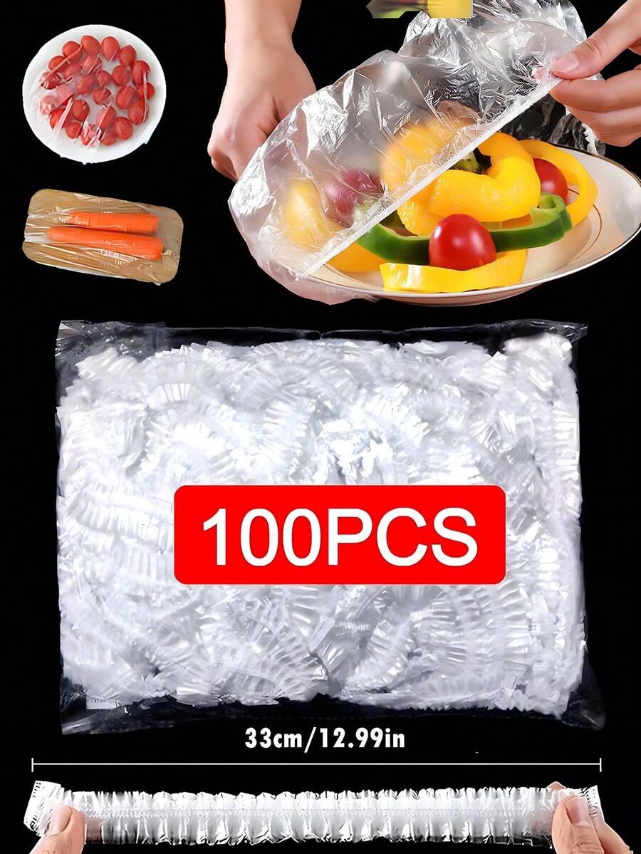 1包100套一次性保鲜膜套装和一次性浴帽套装家用保鲜碗盖PE保鲜膜100/50片一次性保鲜膜，一次性保鲜膜家用厨房冰箱剩饭水果食品塑料密封保鲜罩