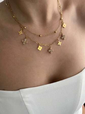 TONSI 1 pieza Elegante, Encantador, Personalizado, Lujoso, Inspirado en el Vintage, Minimalista, Joyería de Acero Inoxidable Chapada en Oro de 18K con Circonita Cúbica con Trébol de Cuatro Hojas, Adecuado para Verano, Vacaciones, Viajes, Trabajo, Uso Diario, Fiestas, Reuniones