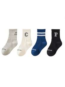 4 双儿童中筒袜，学生袜，休闲运动设计，适合 1-12 岁男孩和女孩，纯色，字母和条纹图案 - 彩色 - 查看 4