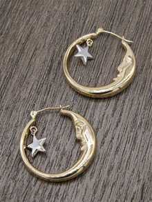 2pcs/Set Women Moon, Star & Human Geometric Hollow Hoop Earrings, Golden Metal Minimalist Style For Party & Holiday - 金色 - 查看 4