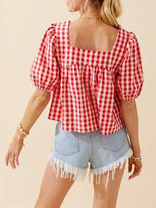 Women's Summer Plaid Print Tops Short Puff Sleeve Square-Neck Crop T-Shirt Casual Blouse - Đỏ - Xem 6