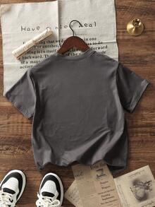 女童及青少年休闲图案印花圆领短袖 T 恤，深灰色，夏季上衣 - 深灰色 - 查看 2