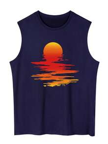 Men's Casual Round Neck Sunset Print Tank Top For Summer - Navy Blue - View 1