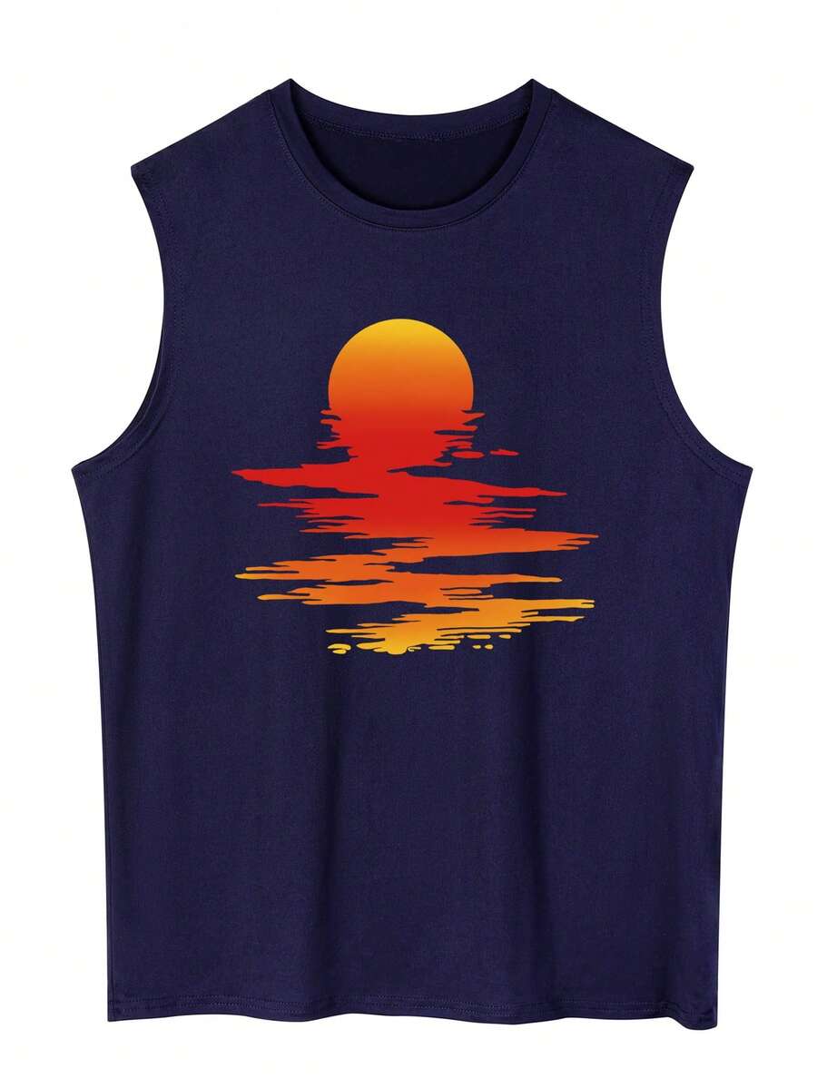 Men's Casual Round Neck Sunset Print Tank Top For Summer - Navy Blue - View 1