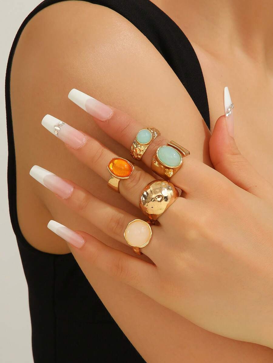 5 Pcs/Set Vintage Punk Style Personalized Geometric Moonstone Rings Set ...