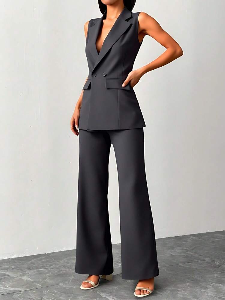 LIU ME Women's Tailored Set With Long Vest And Wide Leg Trousers | Elegance & Formal - 灰色 - 查看 7