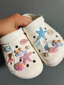 14pcs Ocean World Series (Starfish, Pearl, Shell, Clam, Crab, Fish Tail) DIY Hollow Out Clogs Charm Shoe Accessories