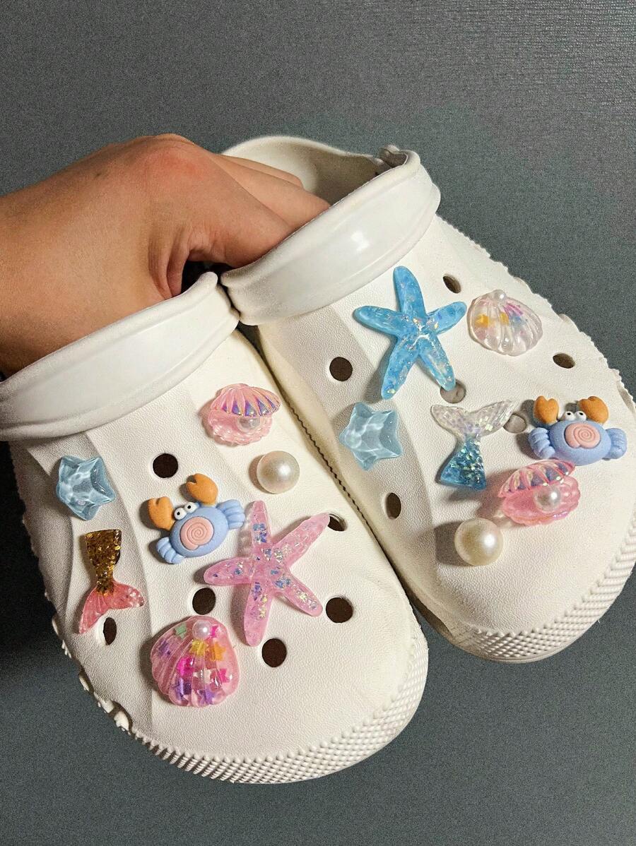 14pcs Ocean World Series (Starfish, Pearl, Shell, Clam, Crab, Fish Tail) DIY Hollow Out Clogs Charm Shoe Accessories