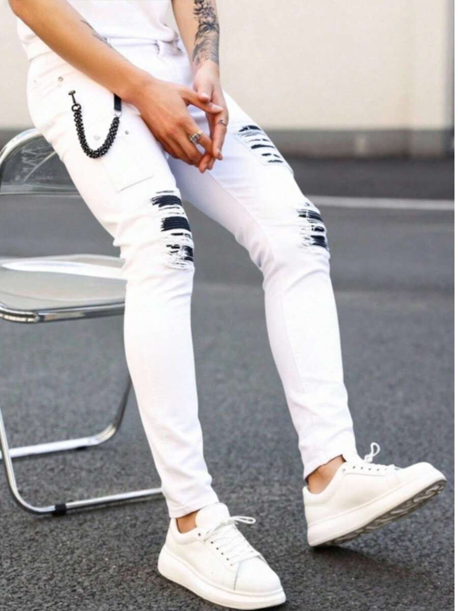 Logeqi® Men Men's Jeans With Large Rips And Patches - 白色 - 查看 1