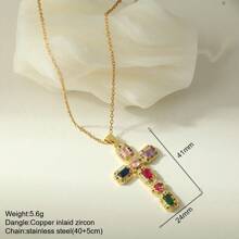 1pc Elegant Crystal Cross Pendant Necklace, Unisex - Stainless Steel, Gold Chain, Inlaid With Black, Transparent And Pink Gems, Versatile Jewelry Gift For Men And Women, Suitable For Casual Or Formal Occasions | Graceful Necklace | Cross Necklace