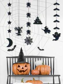 Set de 6 decorațiuni suspendate cu sclipici de Halloween, ornamente cu siluetă de liliac, stea, fantomă, păianjen, vrăjitoare, decor de perete pentru fereastră pentru casă, petrecere, casă bântuită - Multicolor - Vizualizare 6