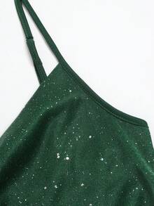 Elegant Women's Shiny Draped Neck Mesh Cocktail Dress, Romantic For Cocktail Party, Nightclub, Prom, Spring/Summer Outings - Dark Green - View 10